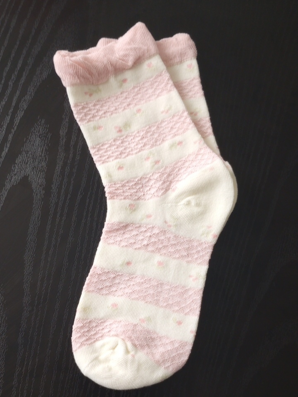 Pastel Pink & Cream Floral Striped Crew Ankle Socks